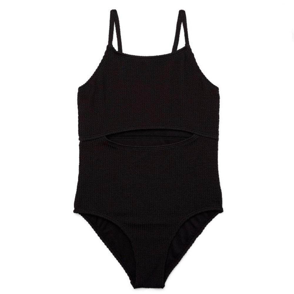 Wonder Nation Girls One Piece Popcorn Swimsuit with Keyhole Medium 7-8 New Black
